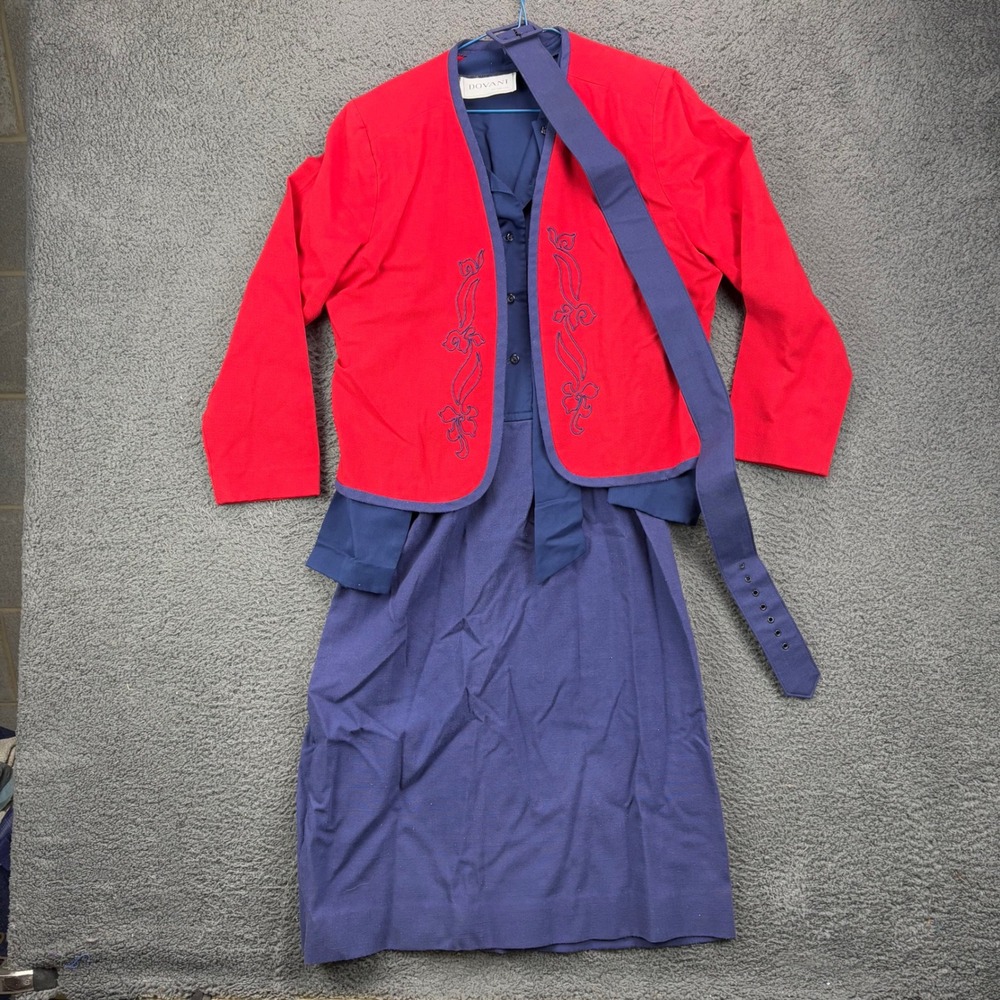 Dovani of Dallas Vintage 80s Dress Set Red Blue Embroidered Jacket‎ Belt Size 14